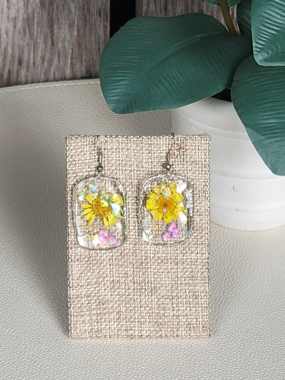 Handmade Resin Dangle Earrings with Yellow Dried Flowers